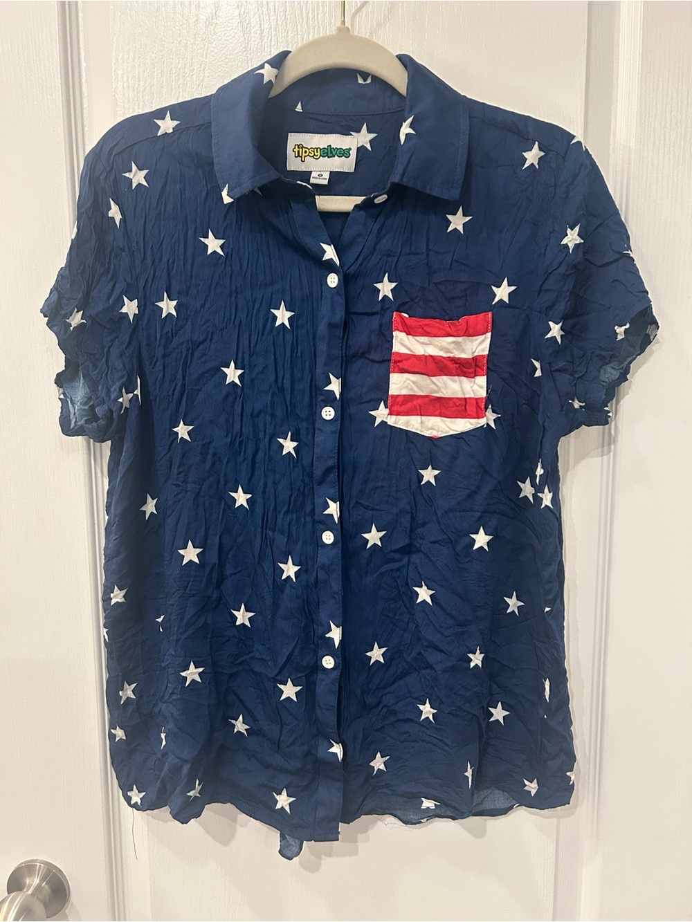 Tipsy Elves Navy Star Button-Up Shirt with Flag Pocket